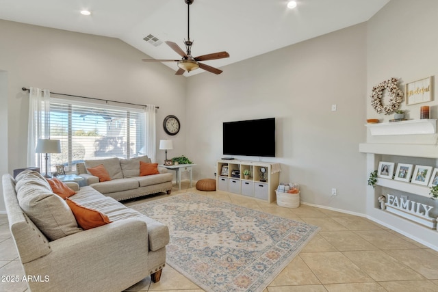 living room featuring ceiling fan, high vaulted ceiling, and light tile patterned floors