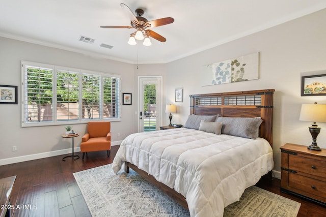 bedroom featuring visible vents, ornamental molding, access to outside, hardwood / wood-style floors, and baseboards