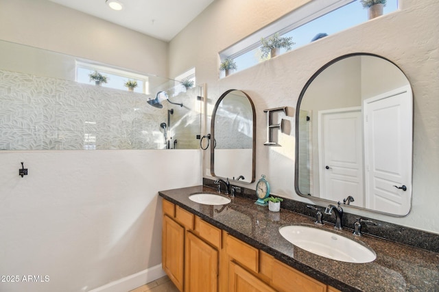 bathroom with a sink, double vanity, and a walk in shower