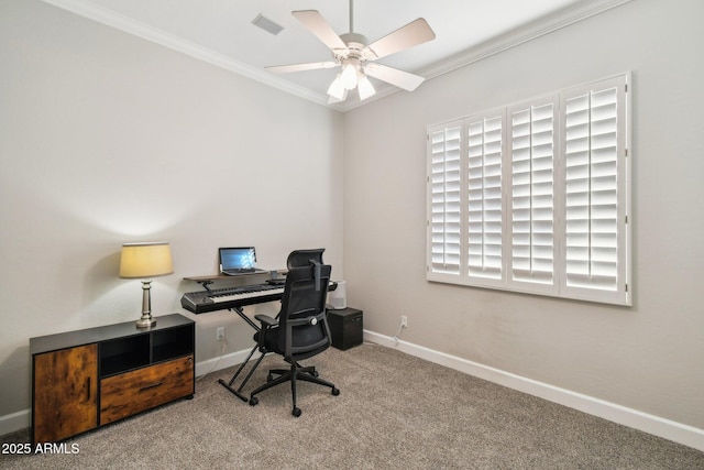 office space featuring visible vents, ornamental molding, carpet, baseboards, and ceiling fan