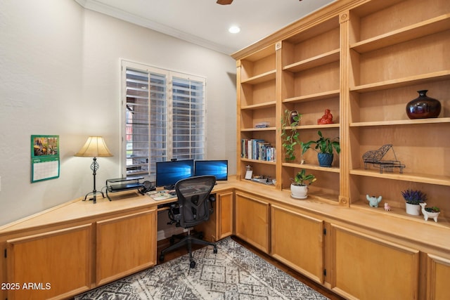 office area featuring recessed lighting, a ceiling fan, and ornamental molding