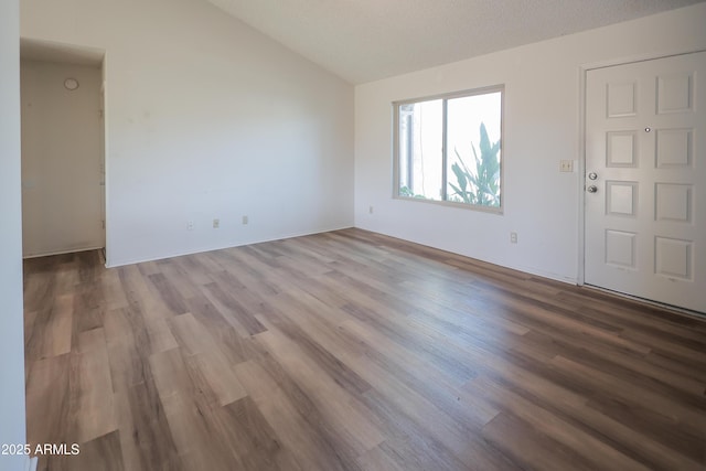 interior space featuring wood-type flooring, lofted ceiling, and a textured ceiling