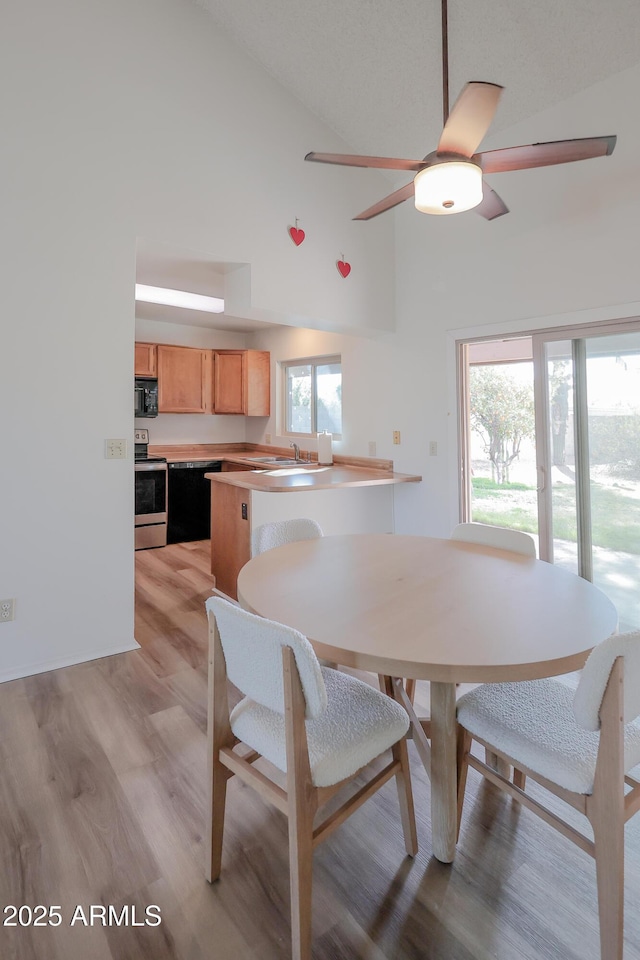 dining space featuring ceiling fan, plenty of natural light, light wood-type flooring, and high vaulted ceiling