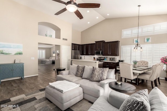 4137 E Stanford Ave, Gilbert, AZ 85234 - living area featuring high vaulted ceiling, wood finished floors, ceiling fan, and recessed lighting