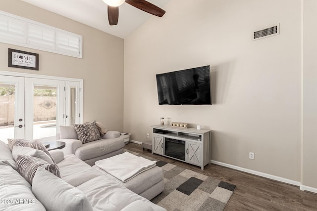 4137 E Stanford Ave, Gilbert, AZ 85234 - living room with high vaulted ceiling, a ceiling fan, french doors, and wood finished floors