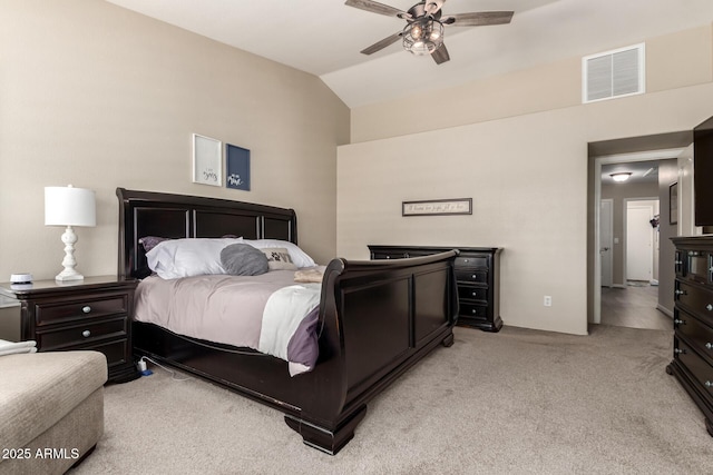 4137 E Stanford Ave, Gilbert, AZ 85234 - bedroom featuring light carpet, vaulted ceiling, and ceiling fan