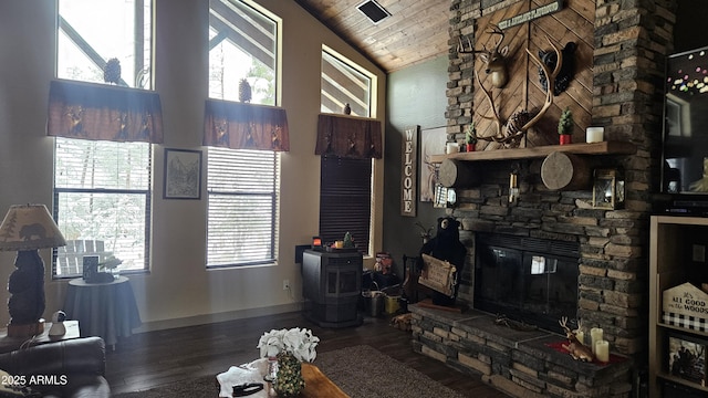 4990 N Pine Creek Canyon Dr, Pine, AZ 85544 - living room featuring lofted ceiling, wood finished floors, wooden ceiling, and a stone fireplace