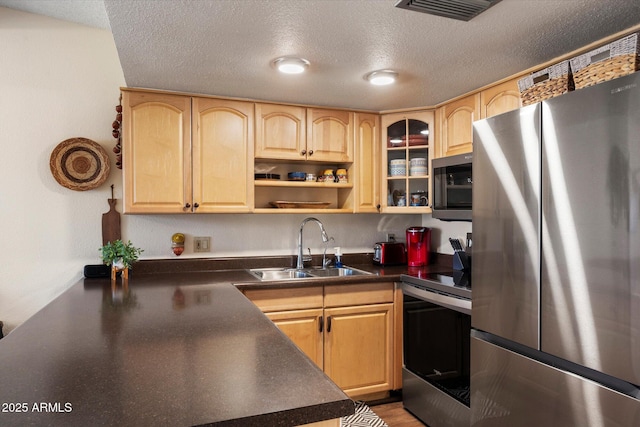 16819 E Gunsight Dr Unit A31, Fountain Hills, AZ 85268 - kitchen with appliances with stainless steel finishes, light brown cabinetry, a textured ceiling, and dark countertops
