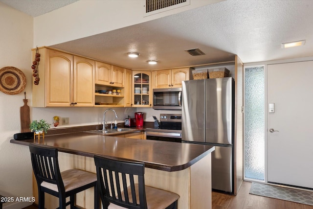 16819 E Gunsight Dr Unit A31, Fountain Hills, AZ 85268 - kitchen featuring appliances with stainless steel finishes, light brown cabinets, a peninsula, dark countertops, and a textured ceiling