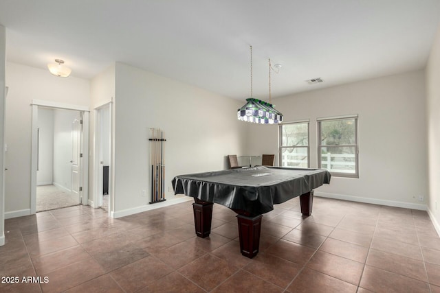 recreation room featuring dark tile patterned floors, billiards, visible vents, and baseboards