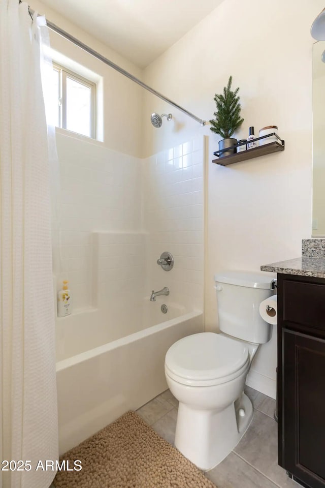2465 W Clement Cir, Flagstaff, AZ 86001 - bathroom with shower / bathtub combination with curtain, toilet, vanity, and tile patterned floors