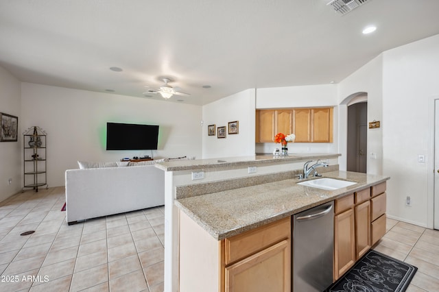 4414 W Monte Way, Laveen, AZ 85339 - kitchen with a sink, arched walkways, light tile patterned floors, dishwasher, and ceiling fan