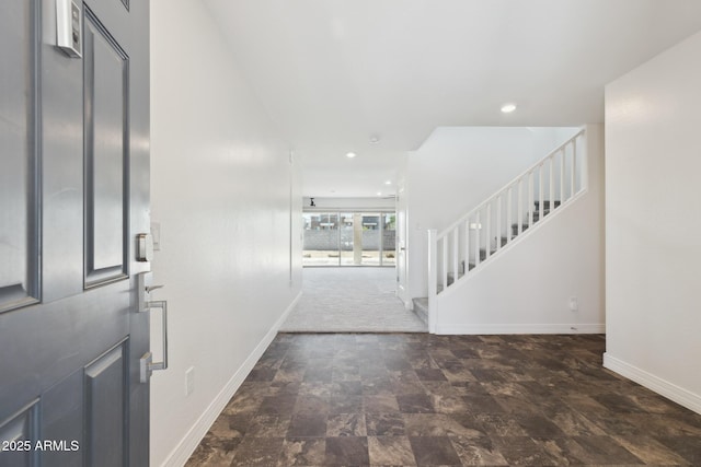 12531 W Glenn Dr, Glendale, AZ 85307 - foyer entrance featuring baseboards, stone finish floors, stairway, and recessed lighting