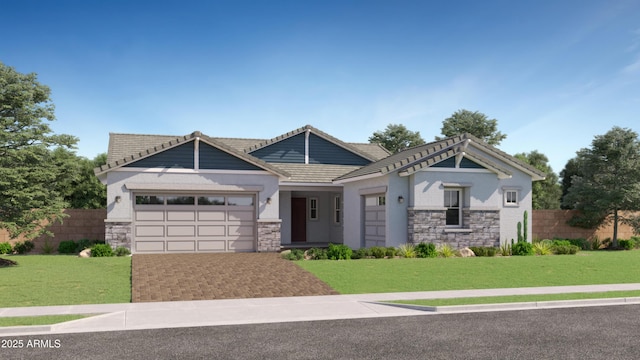 craftsman inspired home featuring stone siding, an attached garage, a front yard, and fence