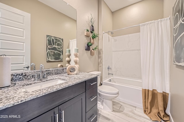 full bathroom featuring toilet, vanity, and shower / tub combo with curtain