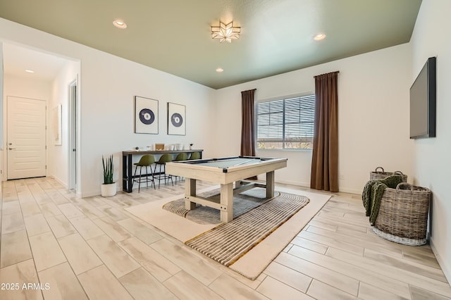 rec room featuring recessed lighting, baseboards, wood tiled floor, and pool table