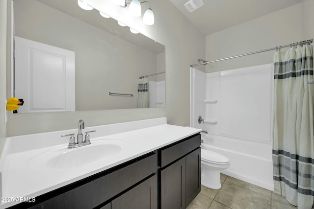 bathroom featuring vanity, visible vents, tile patterned flooring, toilet, and shower / tub combo with curtain