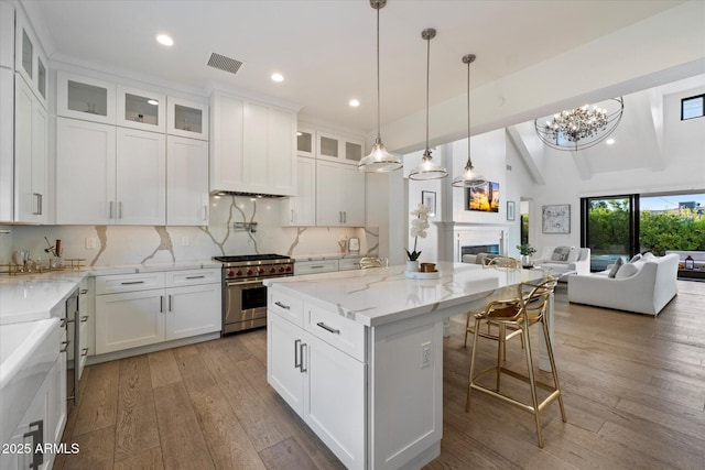 3808 E Fairmount Ave, Phoenix, AZ 85018 - kitchen with designer stove, open floor plan, a center island, light wood-style floors, and white cabinets