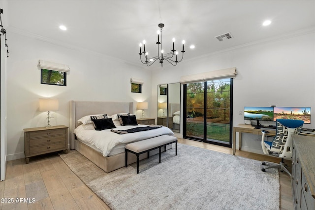 3808 E Fairmount Ave, Phoenix, AZ 85018 - bedroom with access to exterior, hardwood / wood-style flooring, a chandelier, ornamental molding, and recessed lighting