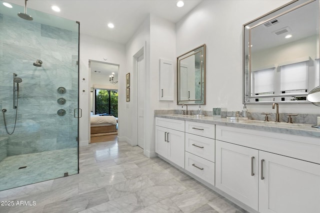 3808 E Fairmount Ave, Phoenix, AZ 85018 - ensuite bathroom with double vanity, a walk in shower, marble finish floors, and recessed lighting