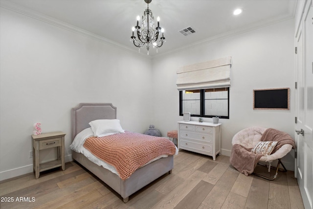 3808 E Fairmount Ave, Phoenix, AZ 85018 - bedroom with a chandelier, light wood-style flooring, crown molding, and recessed lighting