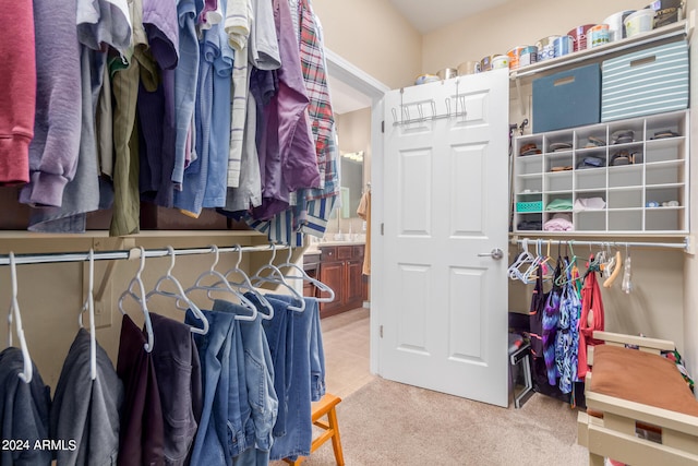 spacious closet featuring light colored carpet