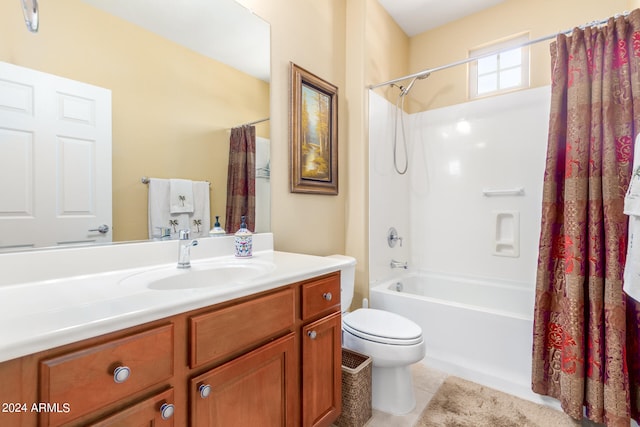 full bathroom featuring vanity, toilet, tile patterned floors, and shower / bath combo with shower curtain