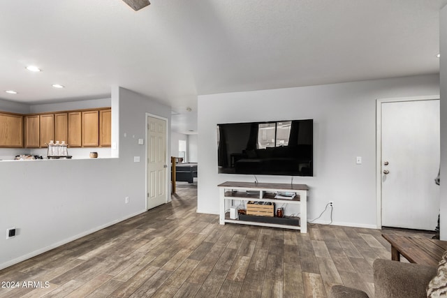 living room with dark hardwood / wood-style floors