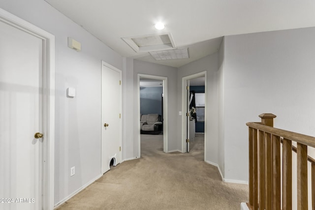 hall with light colored carpet