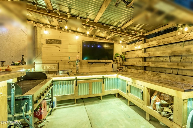 interior space with concrete flooring and wood walls