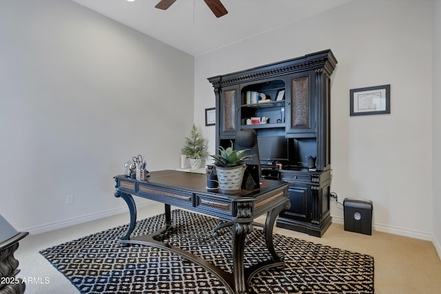 office area with ceiling fan and light colored carpet