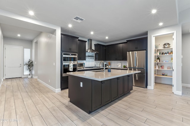 kitchen with appliances with stainless steel finishes, wall chimney range hood, tasteful backsplash, built in features, and a kitchen island with sink