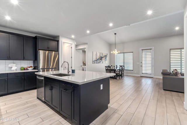 kitchen featuring appliances with stainless steel finishes, sink, hanging light fixtures, vaulted ceiling, and a center island with sink