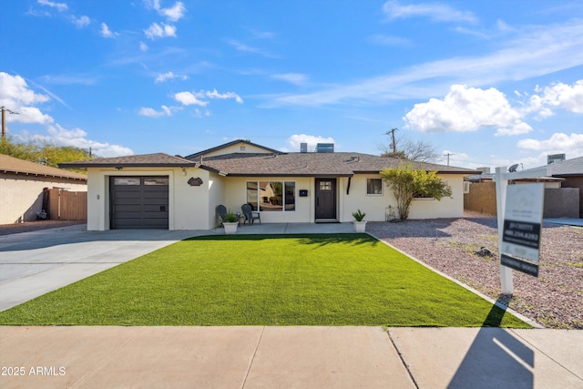 single story home with driveway, an attached garage, fence, and stucco siding