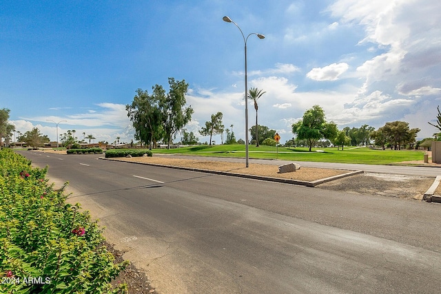 view of street featuring street lights and curbs