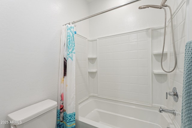 full bath featuring toilet and shower / bath combo with shower curtain