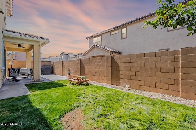 yard at dusk with a fenced backyard and a patio