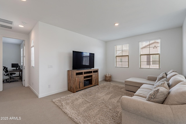 living room featuring recessed lighting, baseboards, visible vents, and carpet flooring