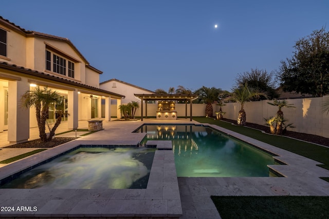 pool at dusk with a patio area, an in ground hot tub, and a pergola