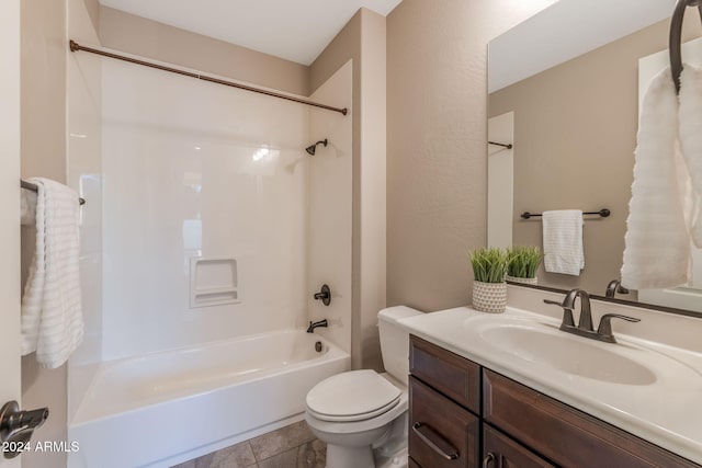 full bathroom with bathtub / shower combination, toilet, tile patterned floors, and vanity