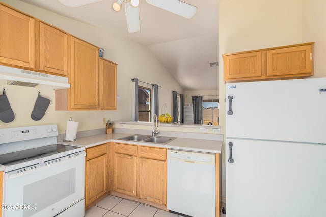 kitchen featuring ceiling fan, light tile patterned flooring, lofted ceiling, sink, and white appliances