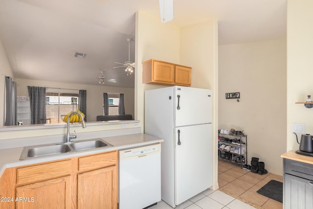 kitchen featuring light tile patterned flooring, ceiling fan, white appliances, light brown cabinets, and sink