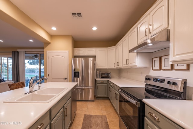 kitchen featuring white cabinetry, stainless steel appliances, sink, and gray cabinetry