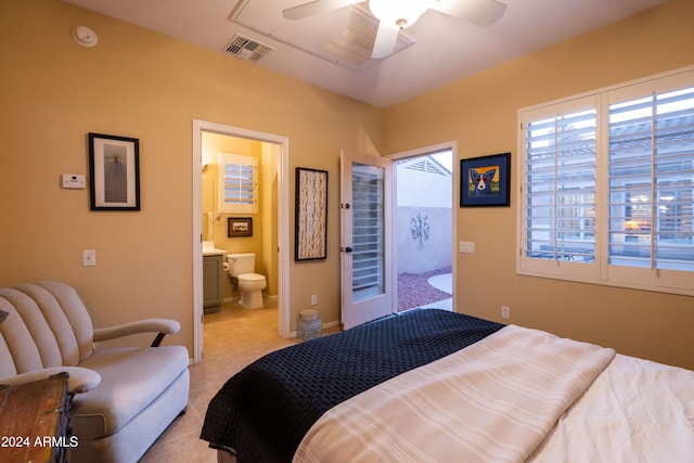 bedroom with ensuite bathroom and ceiling fan