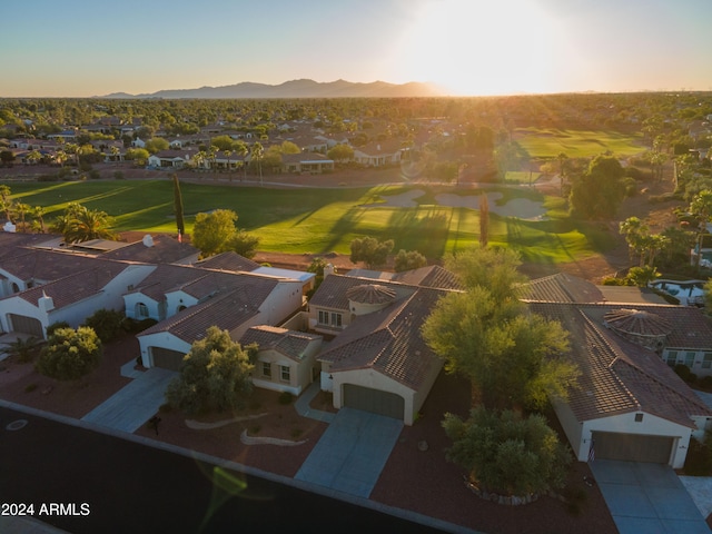 aerial view at dusk with a mountain view