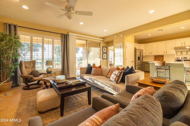 living room with ceiling fan