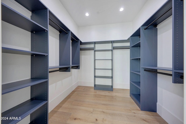 walk in closet with light hardwood / wood-style flooring