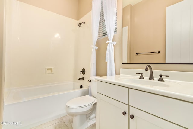 full bathroom featuring shower / bath combination, toilet, and vanity