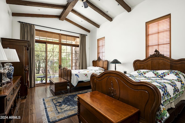 bedroom featuring lofted ceiling with beams, ceiling fan, dark wood-type flooring, and multiple windows