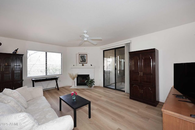 living area featuring ceiling fan, a fireplace with flush hearth, and light wood-style flooring